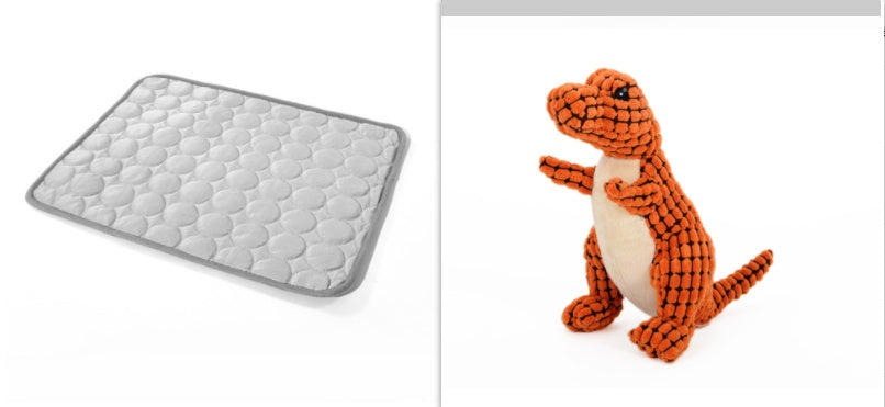 Dog cooling mat and a dinosaur plush toy for pets.